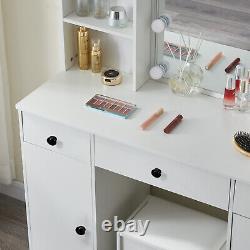 White Dressing Table Set with Sliding Mirror Storage and Stool Vanity Make up Desk