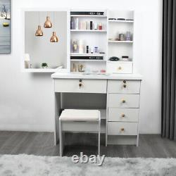 White Dressing Table Stool Set, Sliding Mirror 6 Drawers with 6 Shelves