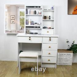 White Dressing Table Stool Set, Sliding Mirror 6 Drawers with 6 Shelves