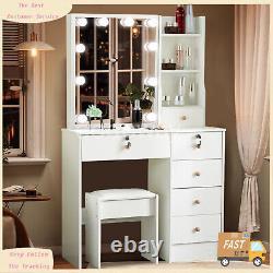 White Dressing Table Stool Set with LED Bulbs Light Mirror Vanity Make up Desk