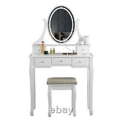 White Dressing Table Touch Mirror LED Light 5 Drawers Stool Set Makeup Desk