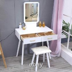 White Dressing Table Vanity Desk and Stool Set with LED Square Mirror 2 Drawers