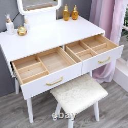 White Dressing Table Vanity Desk and Stool Set with LED Square Mirror 2 Drawers