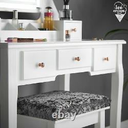 White Dressing Table Vanity Set Touch LED Mirror 5 Drawers Stool Makeup Desk