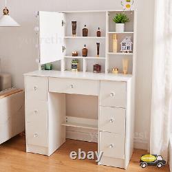 White Dressing Table With LED Light Mirror 10 Storage Shelves Vanity Makeup Desk