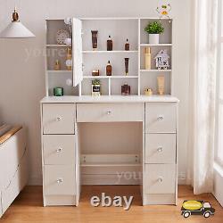 White Dressing Table With LED Light Mirror 10 Storage Shelves Vanity Makeup Desk