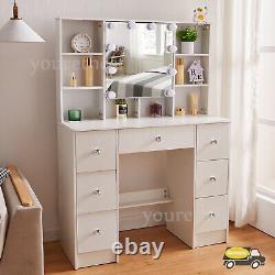 White Dressing Table With LED Light Mirror 10 Storage Shelves Vanity Makeup Desk