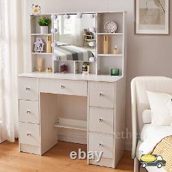 White Dressing Table With LED Light Mirror 10 Storage Shelves Vanity Makeup Desk