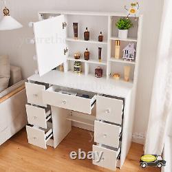 White Dressing Table With LED Light Mirror 10 Storage Shelves Vanity Makeup Desk