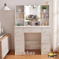 White Dressing Table With LED Light Mirror 10 Storage Shelves Vanity Makeup Desk