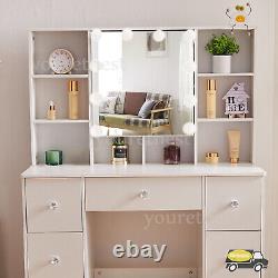 White Dressing Table With LED Light Mirror 10 Storage Shelves Vanity Makeup Desk