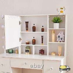 White Dressing Table With LED Light Mirror 10 Storage Shelves Vanity Makeup Desk