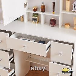 White Dressing Table With LED Light Mirror 10 Storage Shelves Vanity Makeup Desk