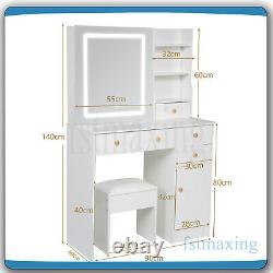 White Dressing Table With LED Lights Mirror Drawers Vanity Makeup Desk Stool Set