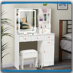 White Dressing Table With LED Lights Mirror Drawers Vanity Makeup Desk Stool Set