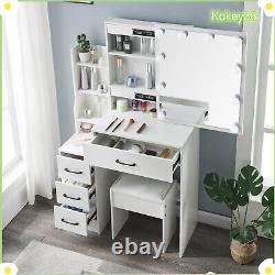 White Dressing Table With LED Lights Sliding Mirror + 4 Drawers Vanity MakeUp Desk