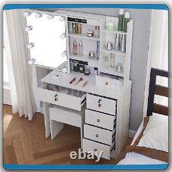 White Dressing Table With LED Lights Sliding Mirror Vanity Table Makeup Desk Set