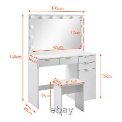 White Dressing Table With LED Makeup Desk MDF with 4 Drawers Bedroom Modern