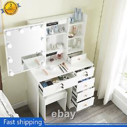 White Dressing Table With LED Mirror Drawers Vanity Makeup Desk Stool Set