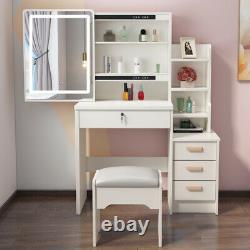 White Dressing Table and Stool Set Makeup Desk with Sliding Mirror & Drawer