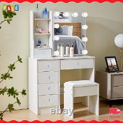 White Dressing Table with 10LED Sliding Mirror and Drawer and Stool For Bedroom