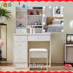 White Dressing Table with 10LED Sliding Mirror and Drawer and Stool For Bedroom