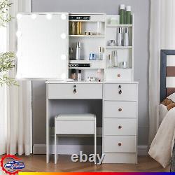 White Dressing Table with LED Light Mirror Vanity Make Up Desk + Stool Bedroom