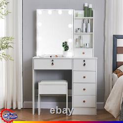 White Dressing Table with LED Light Mirror Vanity Make Up Desk + Stool Bedroom