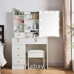 White Dressing Table with LED Light Sliding Mirror Vanity Make up Desk Stool Set