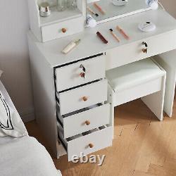 White Dressing Table with LED Light Sliding Mirror Vanity Make up Desk Stool Set