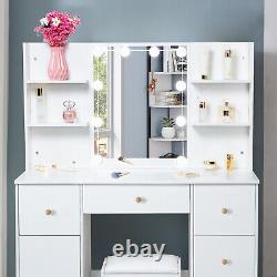 White Dressing Table with LED Lights Mirror Drawers and Stool Vanity Makeup Desk