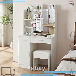 White Dressing Table with LED Mirror Makeup Desk Cabinet Vanity Table Set Stool
