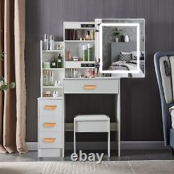 White Dressing Table with LED Mirror Makeup Desk Vanity Table Set Cushioned Stool