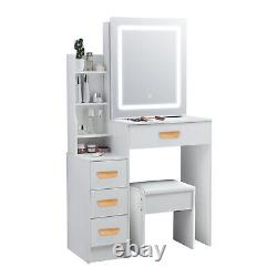 White Dressing Table with LED Mirror Makeup Desk Vanity Table Set Cushioned Stool