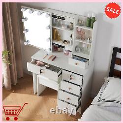 White Dressing Table with LED Sliding Mirror Stool 6 Drawers Bedroom Makeup Desk