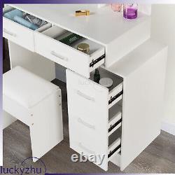 White Dressing Table with Led Mirror 5-Drawers Vanity Table Makeup Desk Stool Set