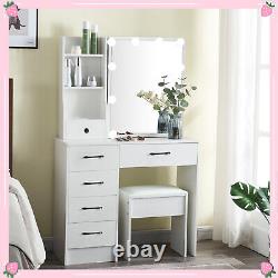 White Dressing Table with Led Mirror Drawers Vanity Table Makeup Desk Stool Set UK