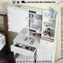 White Dressing Table with Lights Mirror Makeup Vanity Desk 6 Drawers Stool Set