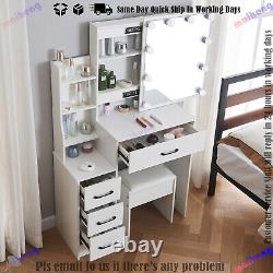 White Hollywood LED Lights Mirror Makeup Dressing Table Vanity Set with 6 Drawer