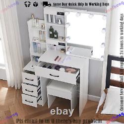 White Hollywood LED Lights Mirror Makeup Dressing Table Vanity Set with 6 Drawer