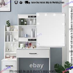 White Hollywood LED Lights Mirror Makeup Dressing Table Vanity Set with 6 Drawer