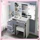 White Hollywood Led Sliding Mirror Makeup Dressing Table Vanity Set With 6 Drawers