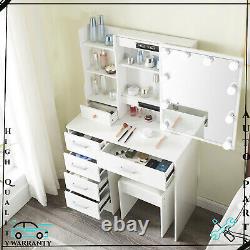 White LED Light up Mirror Bedroom Dressing Hollywood Vanity MakeUp Table & Stool