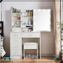 White LED Light up Mirror Bedroom Dressing Hollywood Vanity MakeUp Table & Stool