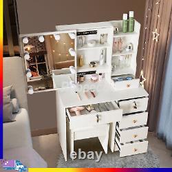 White LED Lights Mirror 6-Drawers Vanity Set Dresser Table Makeup Desk with Stool