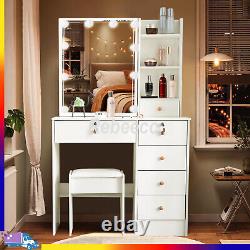 White LED Lights Mirror 6-Drawers Vanity Set Dresser Table Makeup Desk with Stool