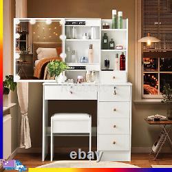 White LED Lights Mirror 6-Drawers Vanity Set Dresser Table Makeup Desk with Stool