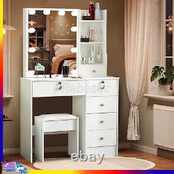 White LED Lights Mirror 6-Drawers Vanity Set Dresser Table Makeup Desk with Stool