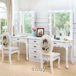 White Make Up Vanity Table Wood Jewelry Dressing Table With Dimmer Lights Mirror
