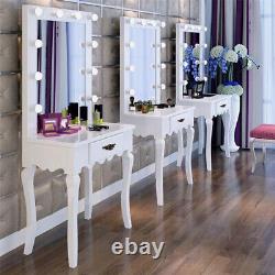 White Makeup Dressing Table with 10 Light Bulbs 1 Drawer Hollywood Vanity Mirror